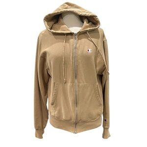 Champion Reverse Weave Distressed Fill Zip Hoodie Unisex SZ M Men’s Tan
